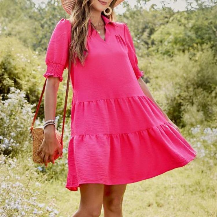 Casual Summer Swing Dress V Neck Short Sleeve Pleated Midi Flowy A Line Sundress Women Beach Dress with Lapel Collar