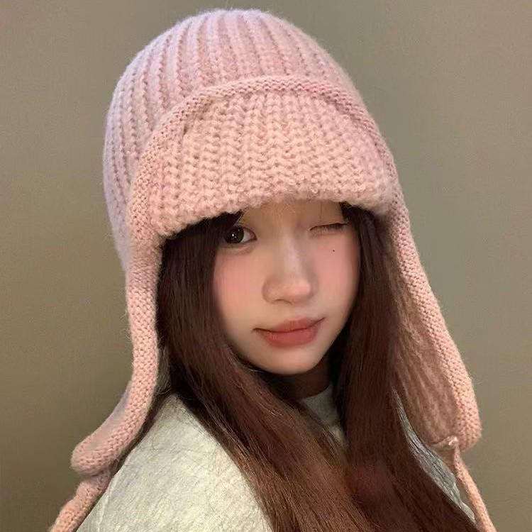 Korean-Style Photogenic Pink Knitted Wool Hat: Women's Warm, Ear-Protecting, Versatile Ski Hat for Autumn/Winter