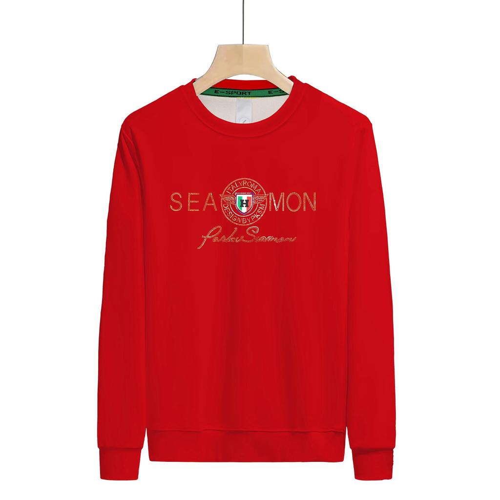 Stylish Rhinestone Men's Long Sleeve Round Neck Shirt - Comfortable, Versatile, Velvet-Thickened for Autumn and Winter.