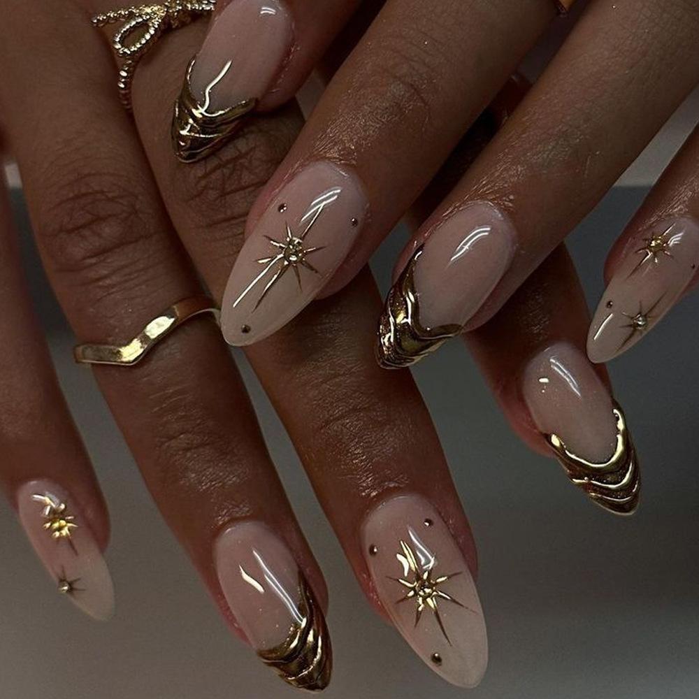 24PCS 3D Golden French False Nails Pink Blush Gradient Simple Star Patterns Press On Nails Sweet Almond Fake Nails Wearable Tips