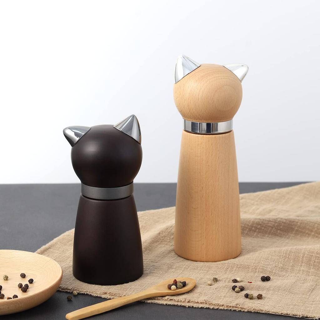 VKCHEF Pepper Wooden Rock Salt Cat Set of Salt Tabletop Seasoning Salt and Pepper Adjustable Ceramic Seasoning Holder Mill, Mill, Design, 2, Mill,