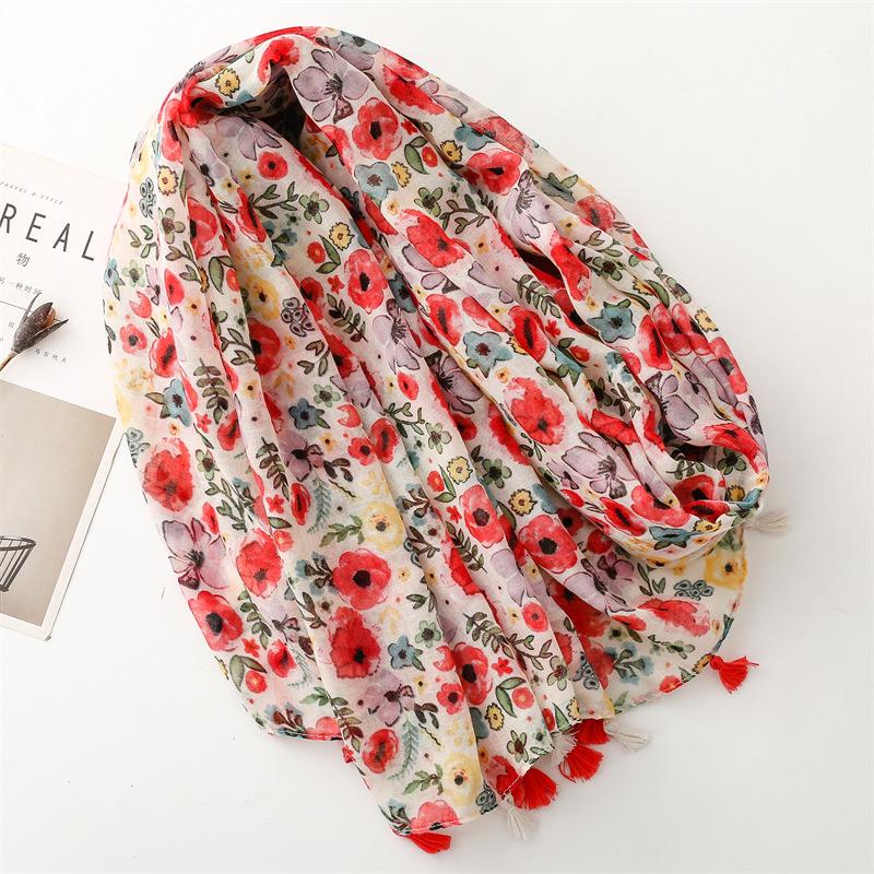 Damski szal/szal z różowej gazy w kwiaty w stylu koreańskim na wiosnę/lato - Lekki do podróży, na plażę i jako ochrona przed słońcem