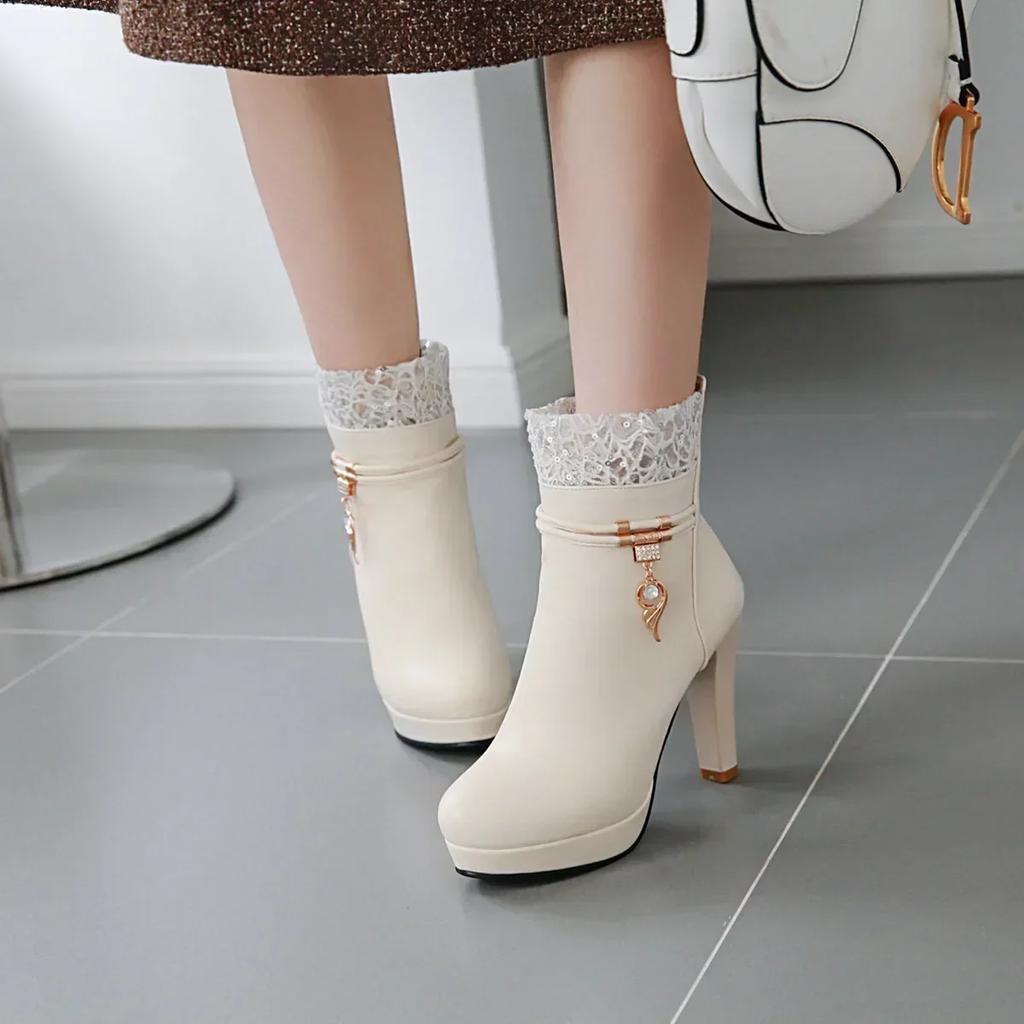 2024 Fashion High Heels Woman Booties Lace Design Princess Platform Party Wedding Womens Shoes White Black Ankle Boots Winter