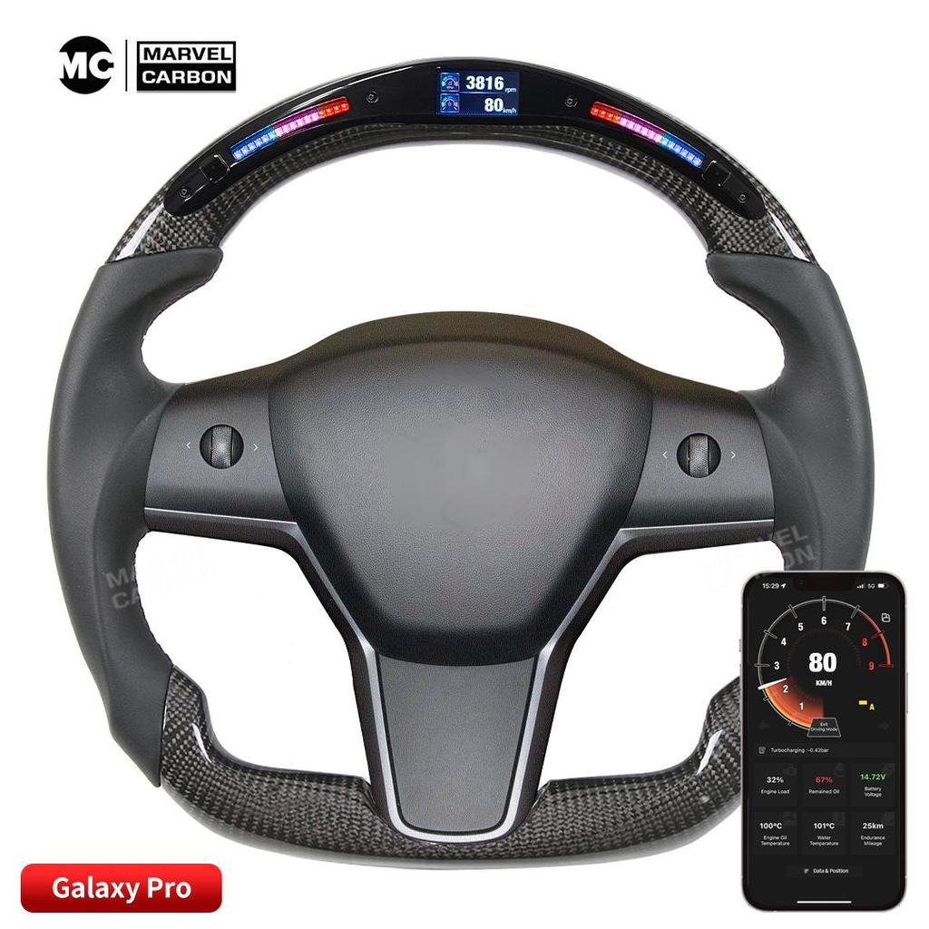 LED Carbon Fiber Steering Wheel Phone Holder for Tesla Model 3/Y Sports Competition