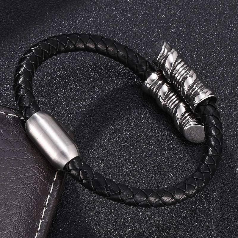 Fashion Men Charms Spiral Stainless Steel Buckle Bracelet Black Leather Bracelet Punk Man Wrist Band Gifts