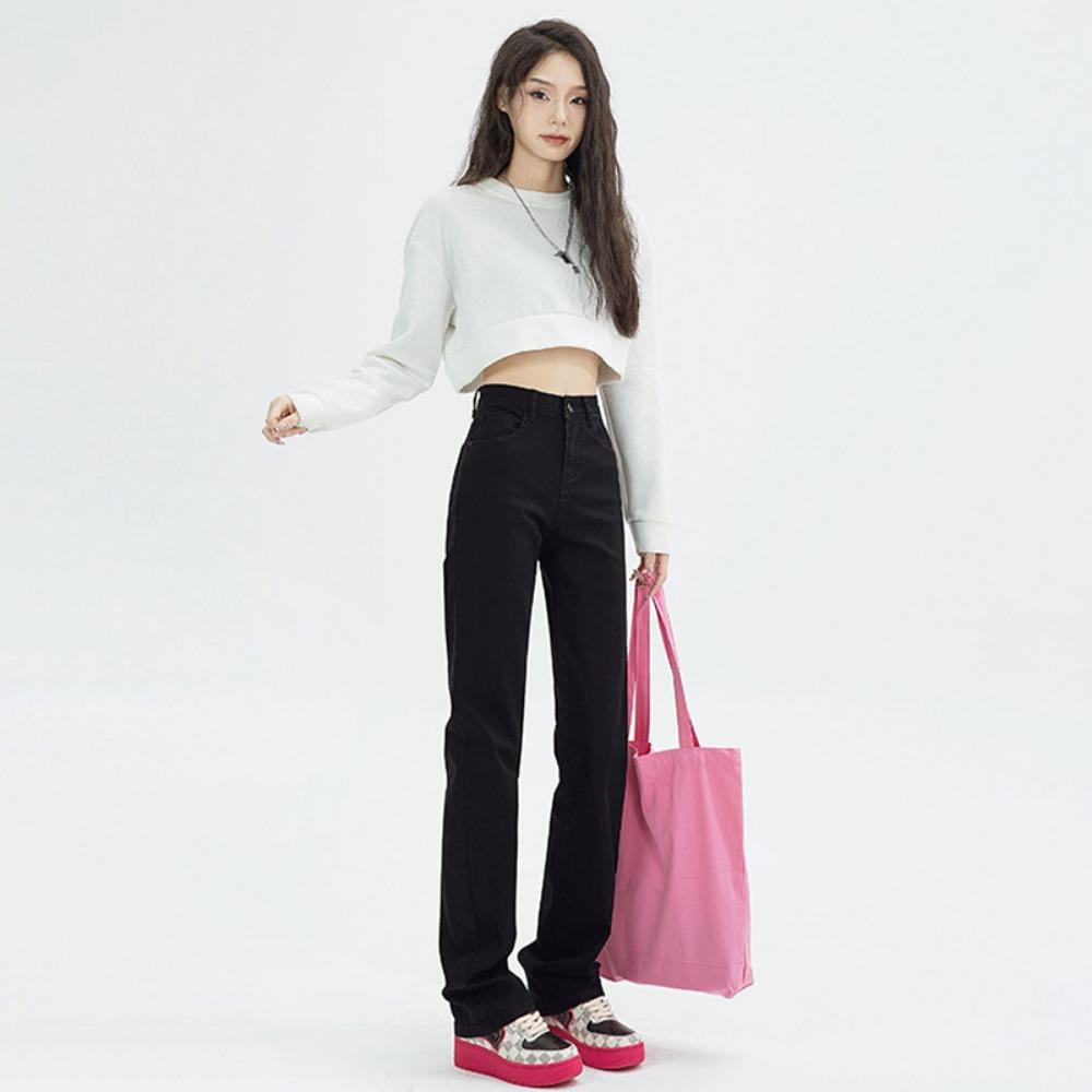 

Personalized high-waisted straight-leg jeans women s autumn and winter 2025 new Korean version drape and thin lazy straight-leg pants tide 2XL чёрный