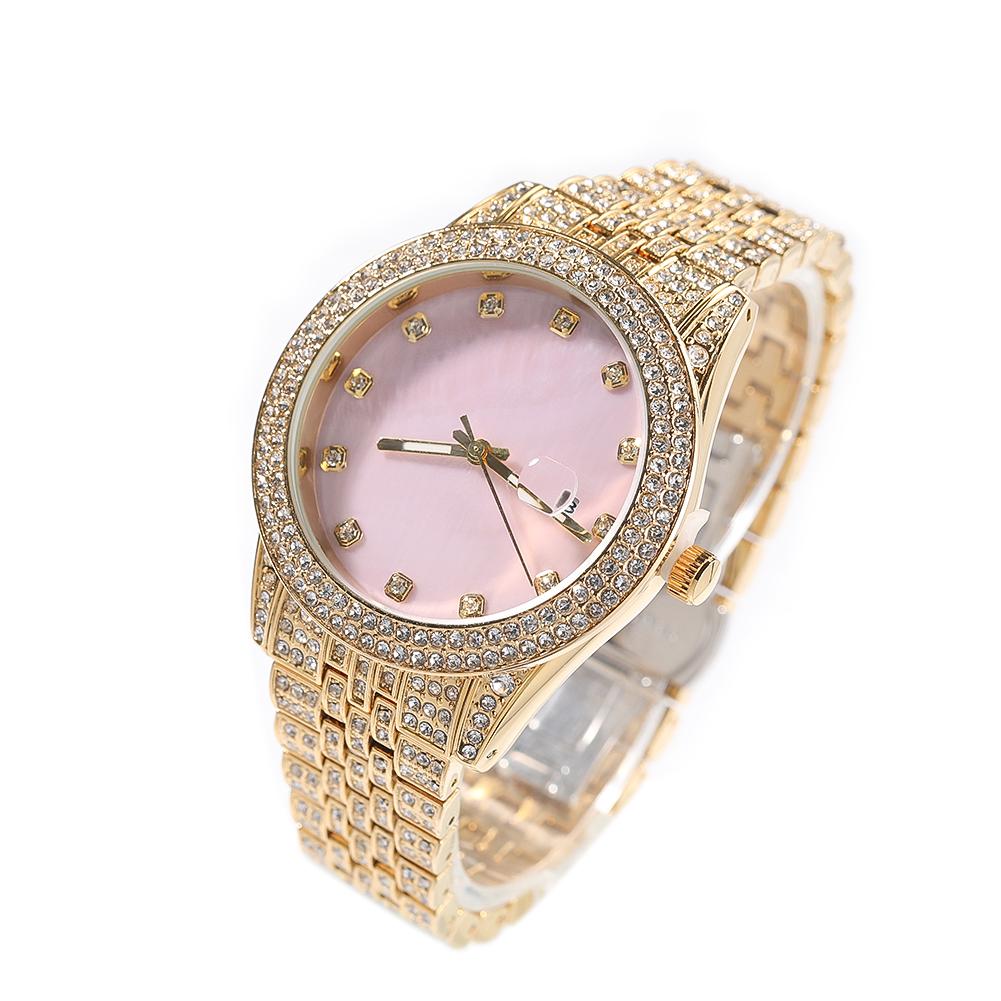 THE BLING KING Mother of Pearl Pink Dial Full Iced Out Two Tone Quartz Clock Business Waterproof Watches For Men Women