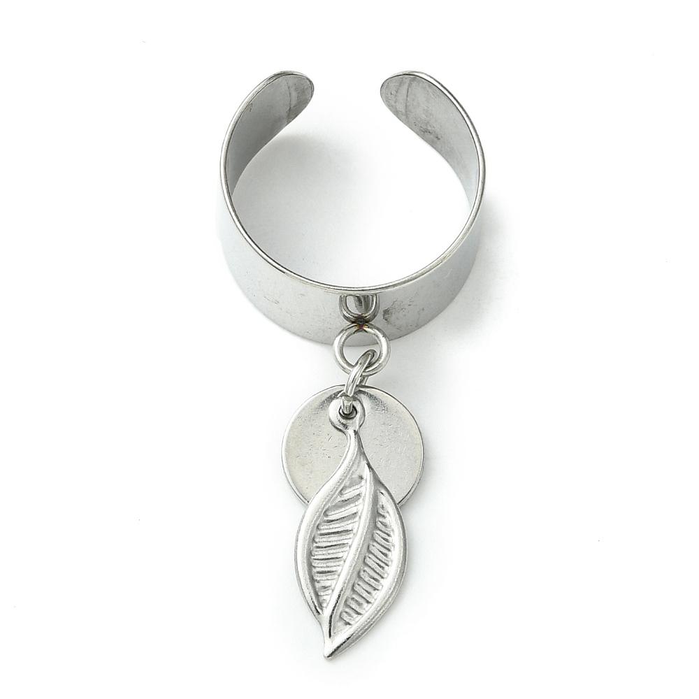 8Pcs 4 Style 304 Stainless Steel Open Cuff Finger Rings with Leaf Charms, Golden & Stainless Steel Color, Inner Diameter: 17~18mm, 2Pcs/style