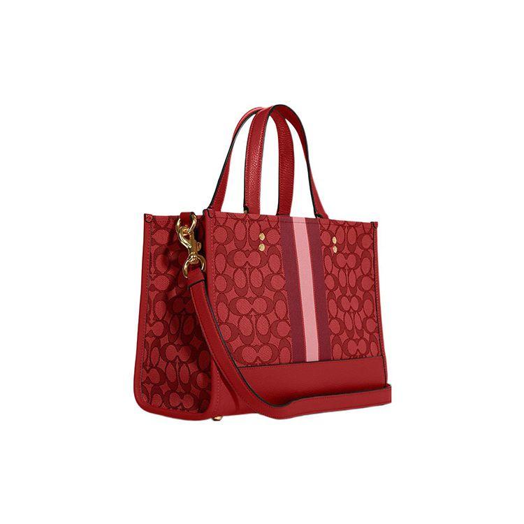 Coach Dempsey 29 Classic Monogram Snap Closure Striped Decor Jacquard Fabric Pebble Leather Shoulder Crossbody Tote Bag Large C8448-IMP2Z