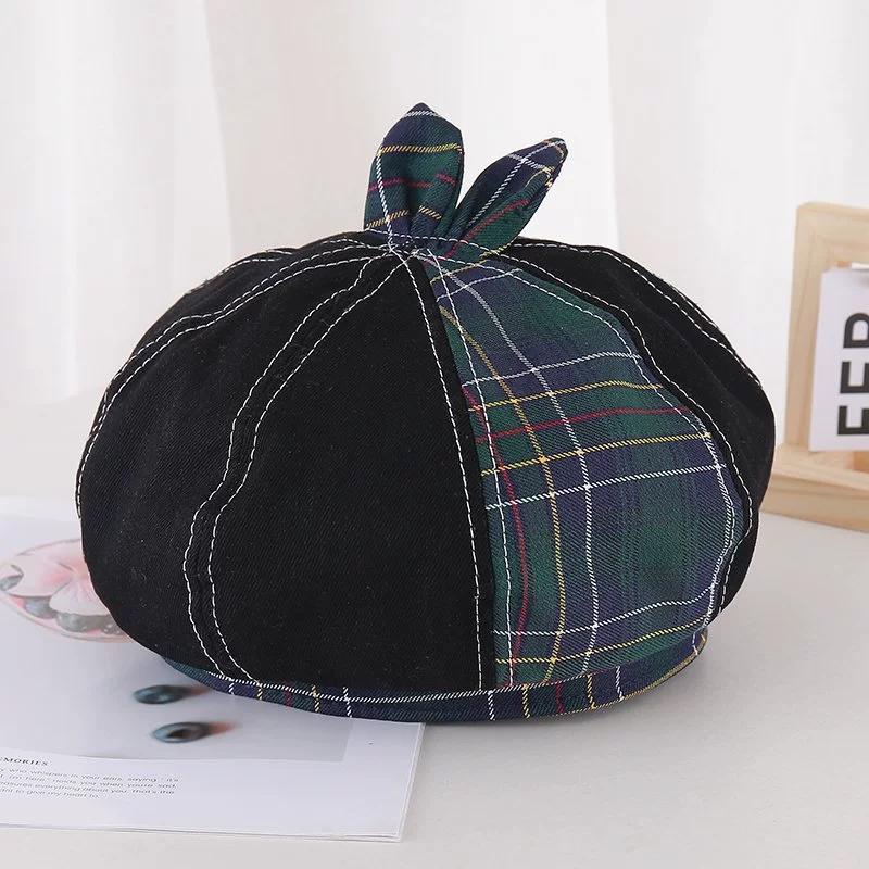 New Cute Plaid Bunny Ear Denim Beret For Women Summer Face-Slimming Octagonal Hat Japanese Retro Versatile Style