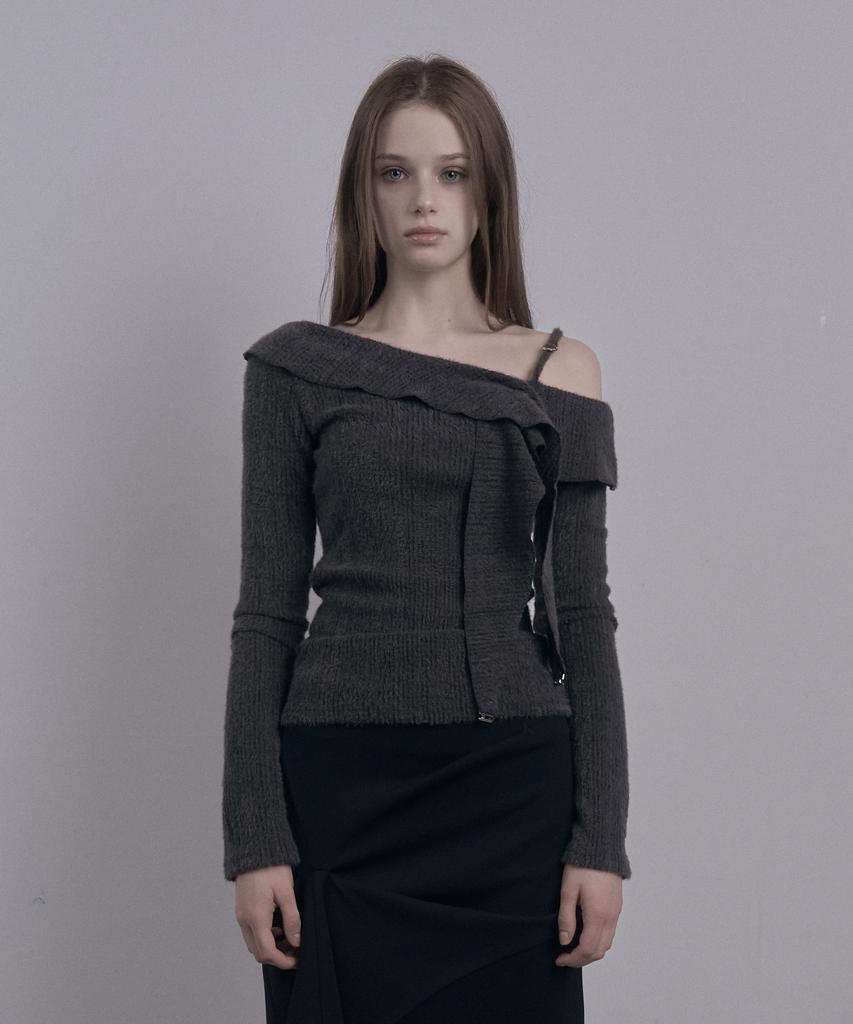 DAMIO Ruffle Draped Off Shoulder Knit Top (Charcoal)