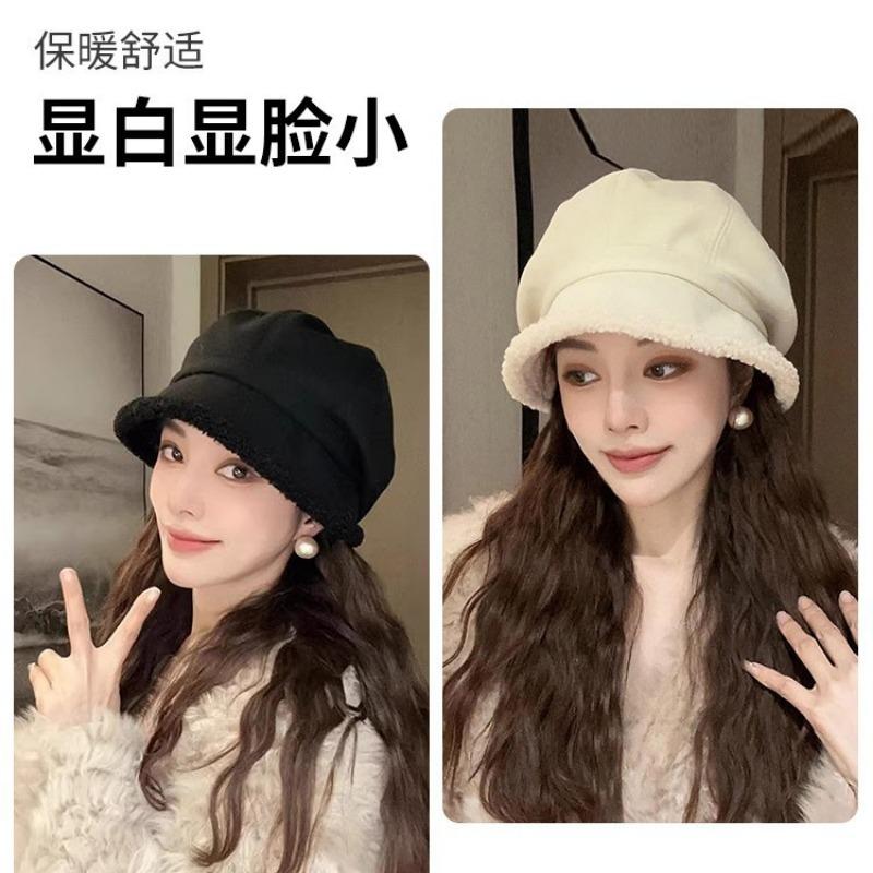 Beret Female Autumn and Winter Big Head Circumference Showing Small Face Plush Warm Cap Plain Plush Pile Bucket Hat