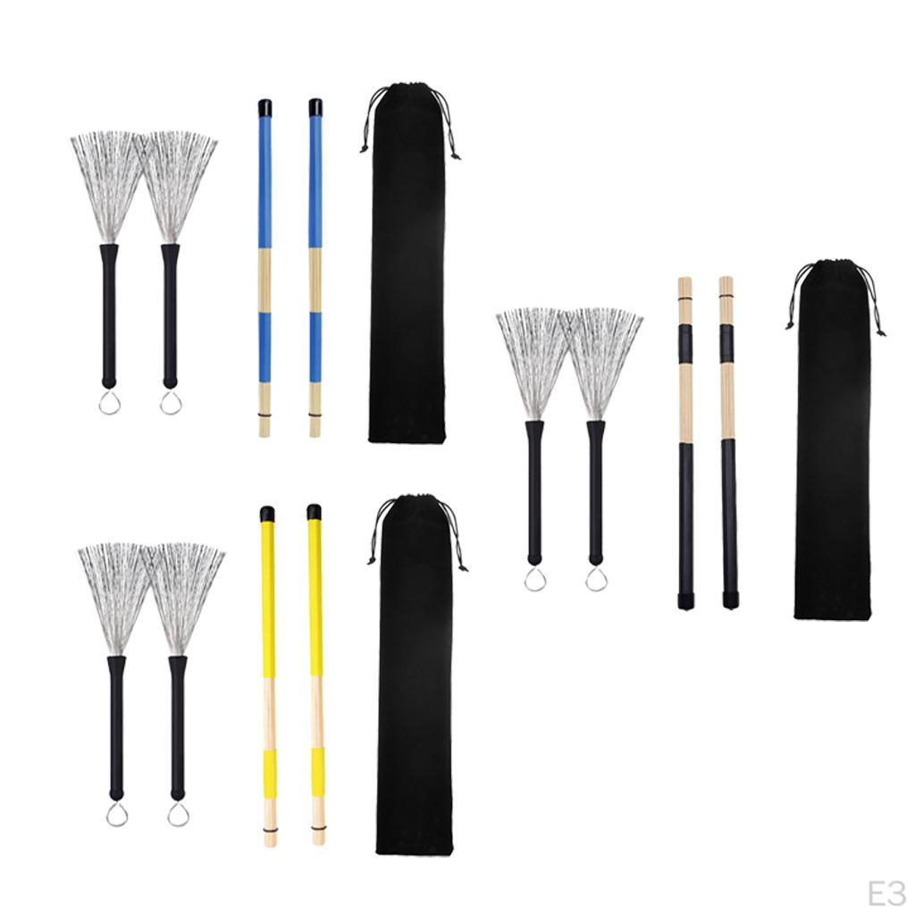 1 Pair Bamboo Drum Sticks, Wire Brushes With Storage Bag