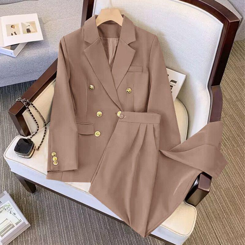 Female Spring/Fall Solid-Color Elegant Suit Set Slimming Blazer + Relaxed-Fit Trousers Two-Piece Set