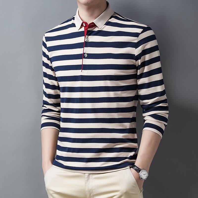 Cotton Striped Shirt Middle -Aged Men 'S Long -Sleeved T -Shirt Middle -Aged Men 'S T -Shirt