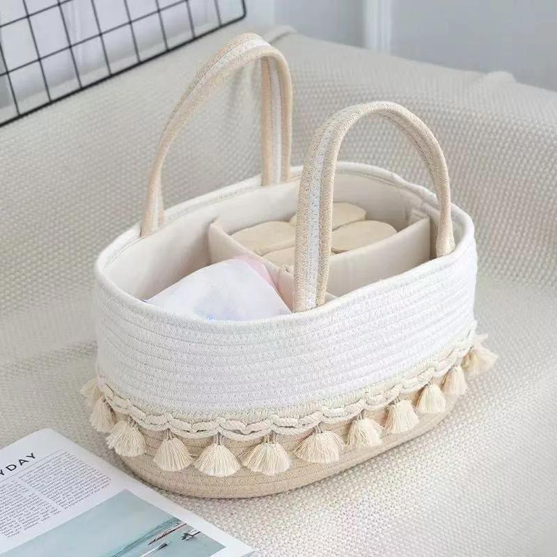 Multifunctional Children s Storage Basket, Large Capacity Diaper Organizer with Rope Weaving Fringe Hand Basket Portable