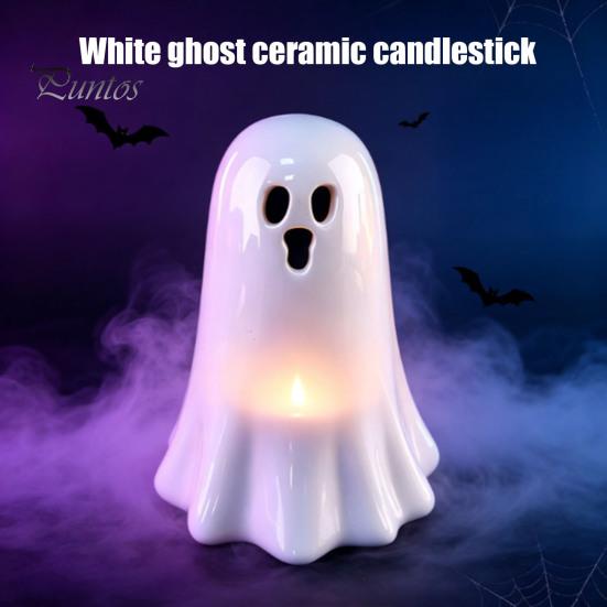 Home Decor Accent Ceramic Hollow Ghost Night Light, Cute Halloween LED Glow Lights Lamp, White Ceramics Figurine for Holiday Party Decoration