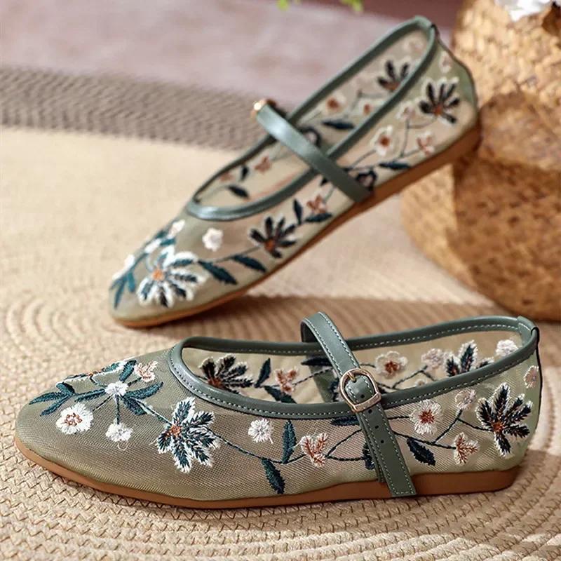 

Модные женские летние балетки с вышивкой ручной работы в виде цветов, из сетчатого дышащего материала, легкие туфли Мэри Джейн, зеленые элегантные лоферы, обувь для ходьбы 41