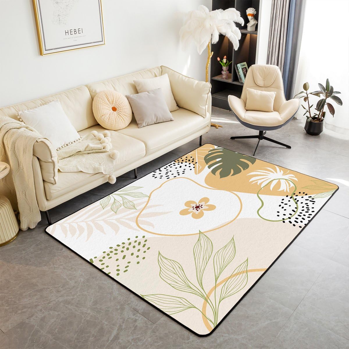 

LightGreen Rug Cute Flower Rugs for Living Room | Boho Circle Large Area Rug 5x7 Washable Non-Slip Round Kids Rugs Botanical Leaf Abstract C 160cm x 200cm