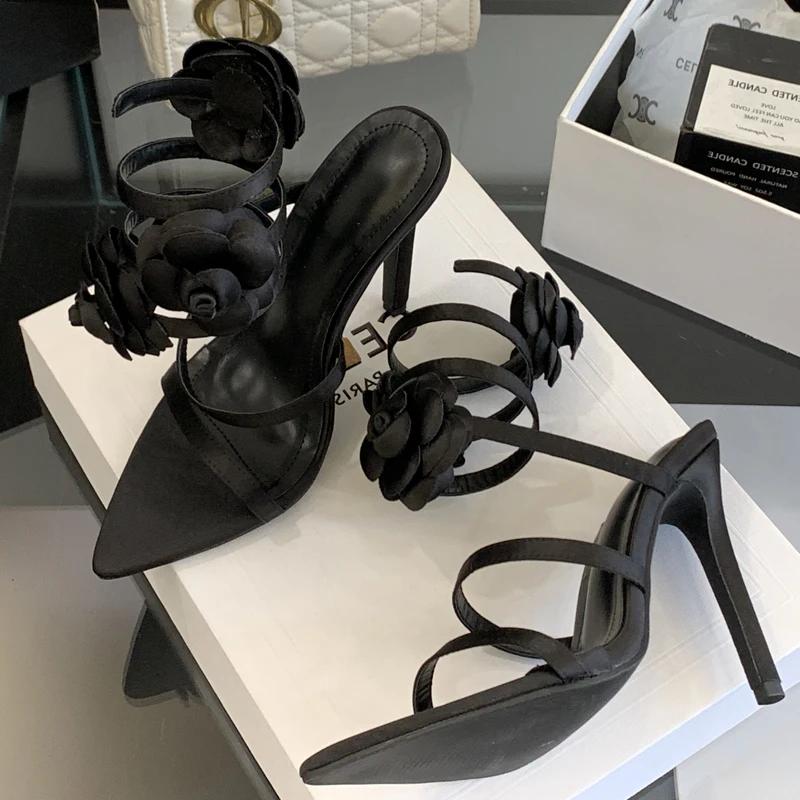 Eilyken Design Style Flower Thin High Heels Women Sandals Pointed Toe Ankle Strap Banquet Prom Summer Shoes