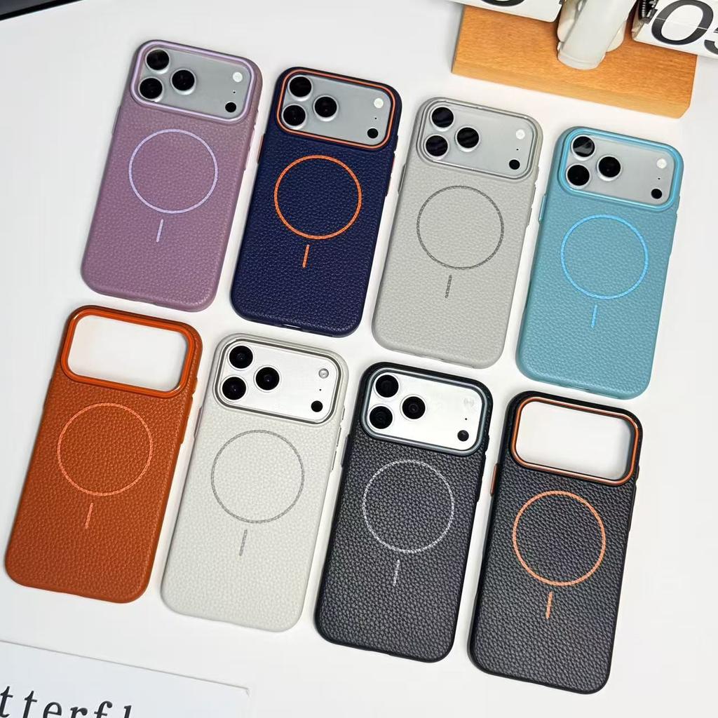 Contrasting color lychee pattern fine circle magnetic attraction, suitable for iPhone17promax mobile phone case, Apple 16 plain leather, simple