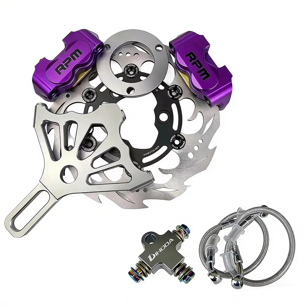 220mm Motorcycle Rear Brake Caliper Disc rotor Kit 4 Piston CNC Brake Caliper for Scooter Rear Flat Fork Brake System Upgrade