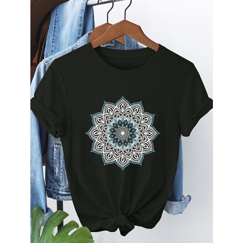 European sizes Women's Floral Mandala Print Short Sleeve T-Shirt - Casual Round Neck Top with Teal & Black Artwork, Breathable Regular Fit