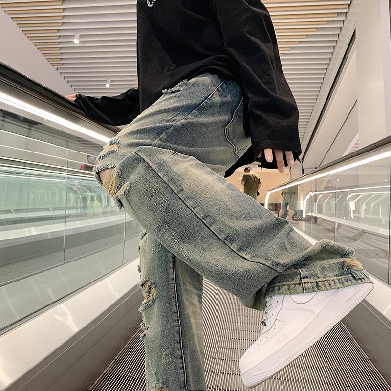 Summer Street Retro Ripped Washed Straight-Leg Jeans for Men and Women