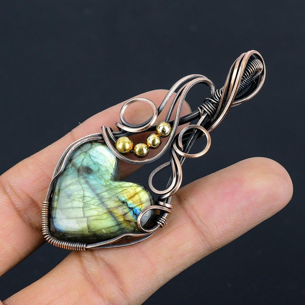 Labradorite Pendant, Handmade Gemstone 999 Copper Wire Wrapped Pendant Antique Jewelry, For Gift Silver Jewelry