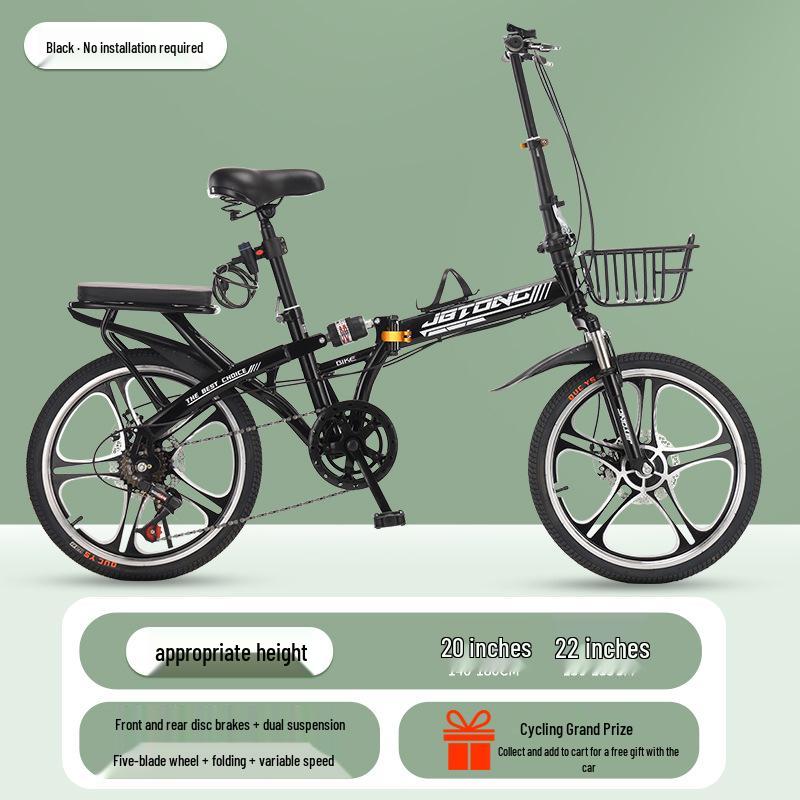 Portable Folding Bicycle for Men, Women, and Students – 20/22-inch, Variable Speed, Disc Brakes, No Installation Needed