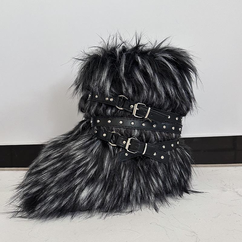 Damen Winterimitat Fuchsfell Stiefel Gürtel Punk Europäisch und Amerikanisch hoher Schaft 40 langer Schaft Schneestiefel Schuhe