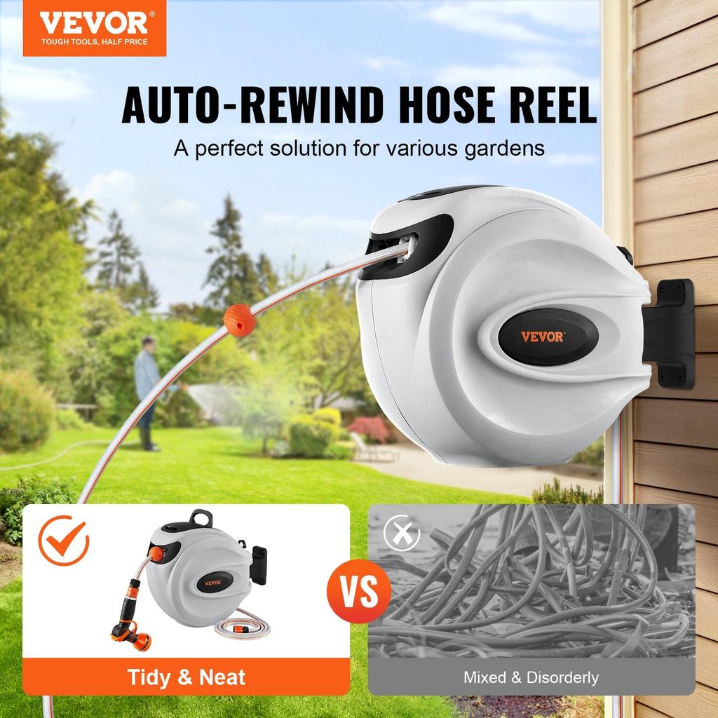 Retractable Hose Reel Water Hose Reel 65.6'x1/2" 180° Swivel Wall-Mounted