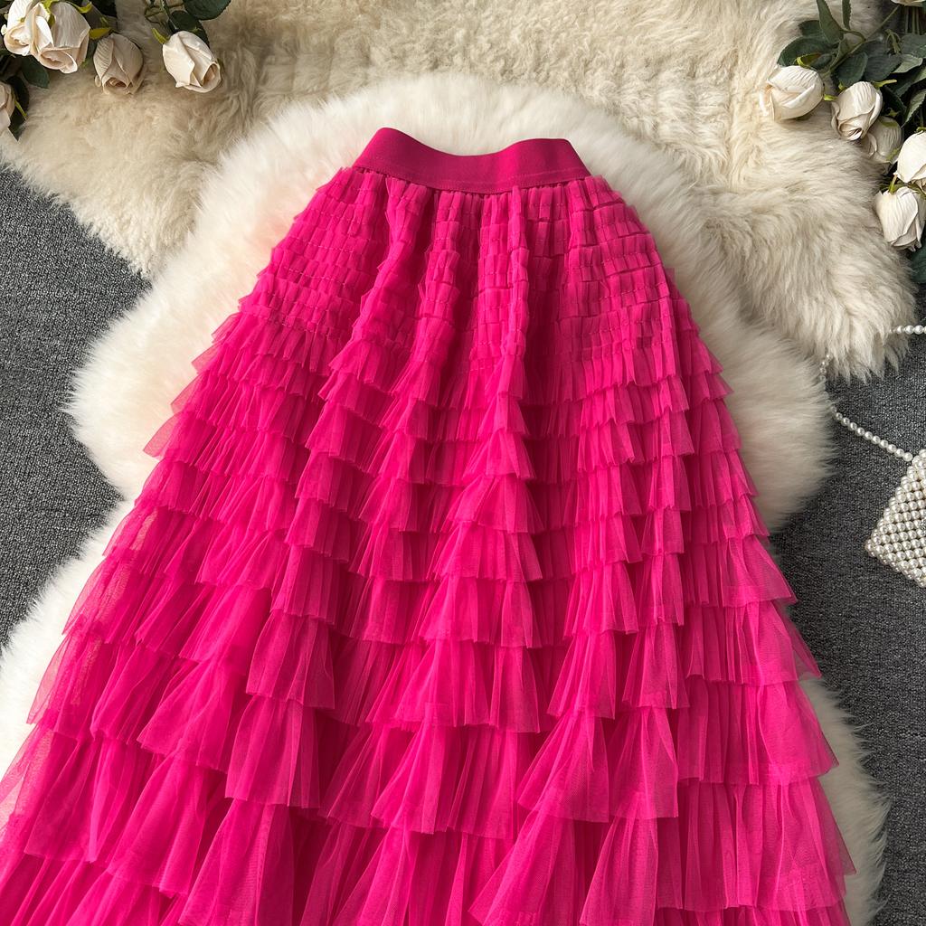 Summer Women Elegant Ruffles Mesh Elstic Waist Long Midi Cake Skirt
