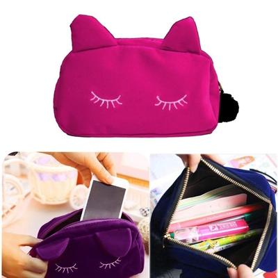 Lady Fashion Portable Cartoon Cat Coin Storage Case Travel Makeup Flannel Pouch Cosmetic Bag
