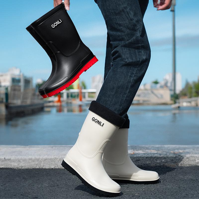 Bundle Mouth Medium Tube Rain Shoes Men's Rain Boots Waterproof Short Overshoes Rubber Shoes Non-slip and Wear-resistant Water Boots Warm Water Shoes
