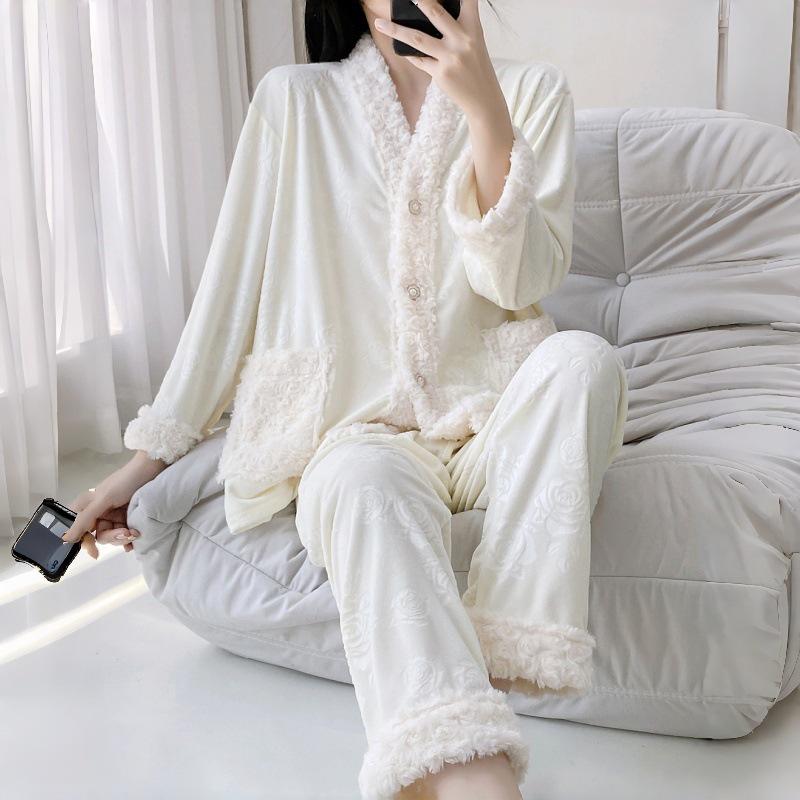 Sea Island Baumwolle Damen Fleece Pyjama Set – Langarm & Hose für Herbst/Winter.