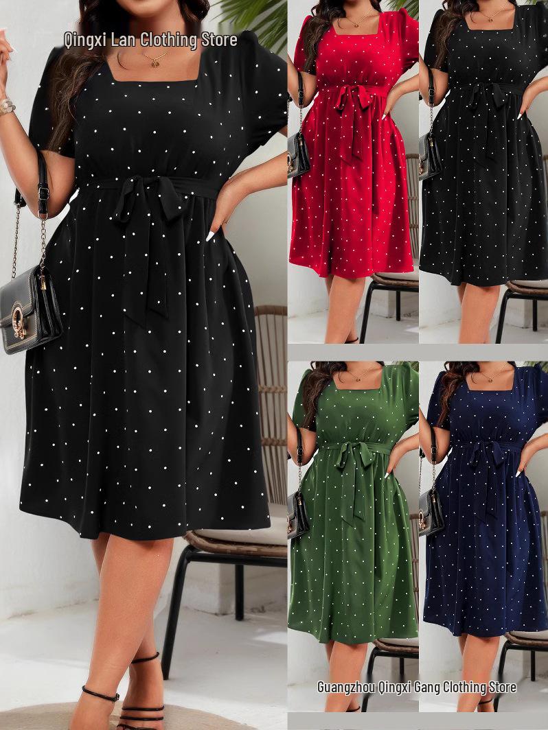Plus Size Retro Polka Dot Square Neck Tie-Up Dress for Women 1XL зелёный