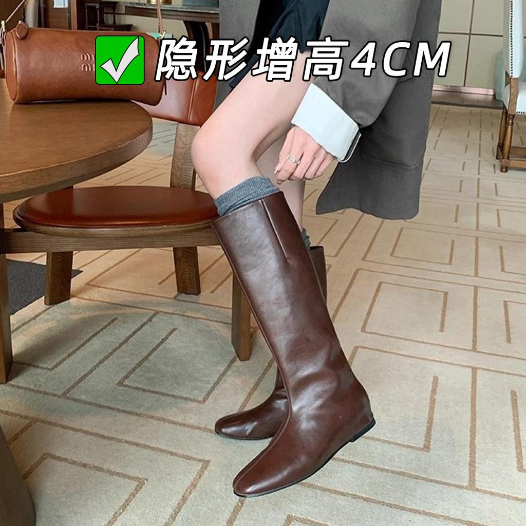 Inner Heightening Round Head Flat Bottom Thin Boots High Boots Knight Boots Autumn and Winter