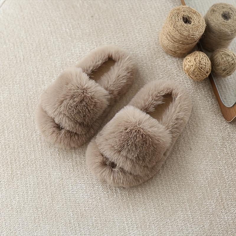 Youngsters' Fashionable Double Strap Indoor Home Slippers - Soft Fabric Slip-Ons with Plush Faux Fur Sole,Round Toe&Lightweight Design for Youngsters