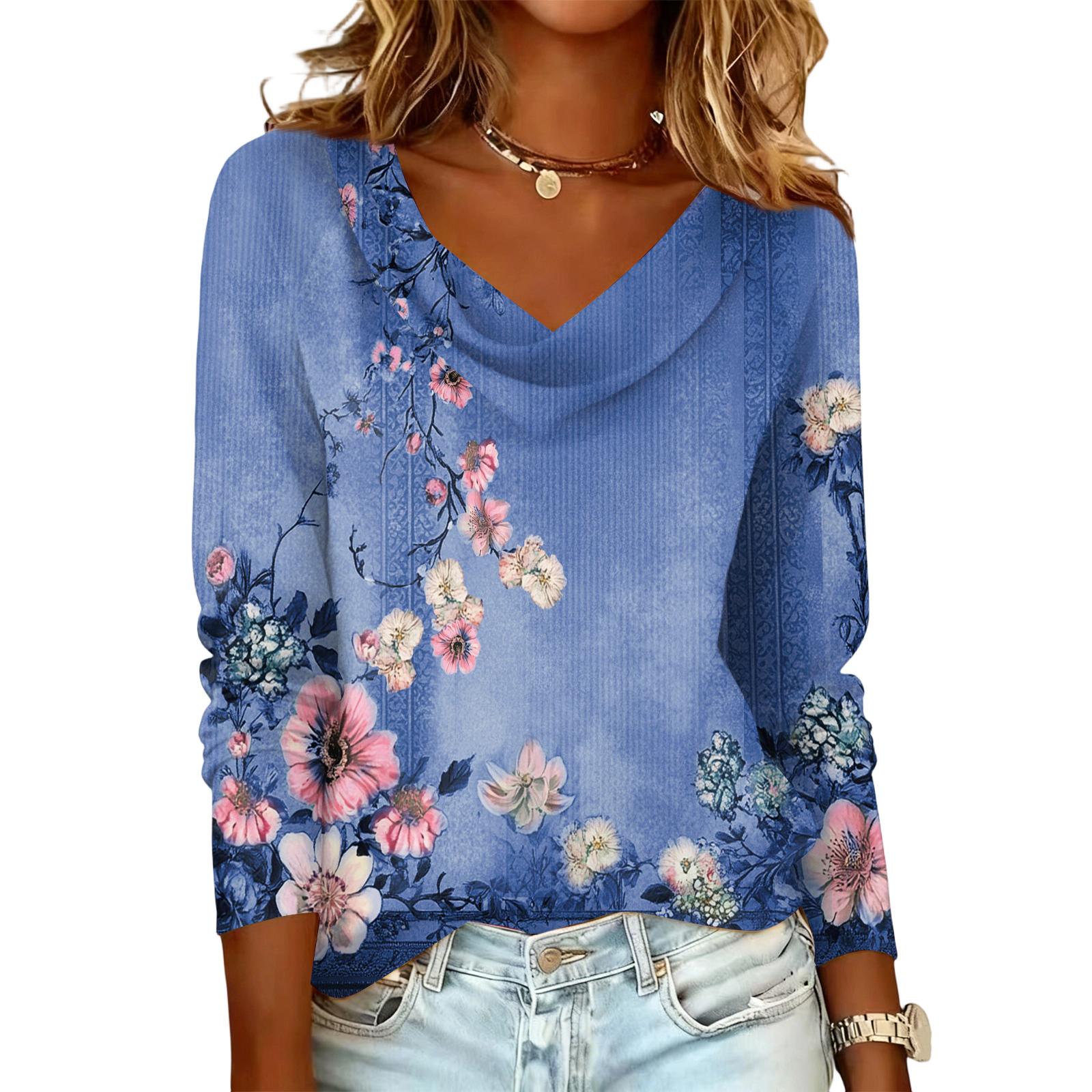 Ladies  Floral Printed Casual And Fashionable Long Sleeved Pullover Top L синий