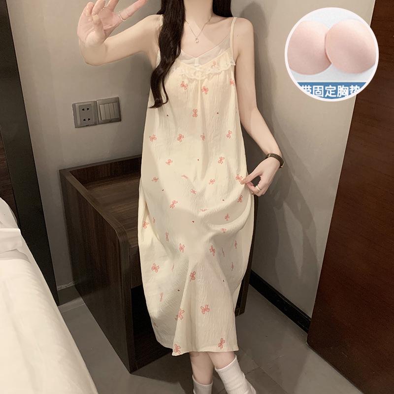 2026 Women's Cloud Cotton Spaghetti Strap Nightgown with Chest Pads, Sweet Long Dress for Home or Outdoors
