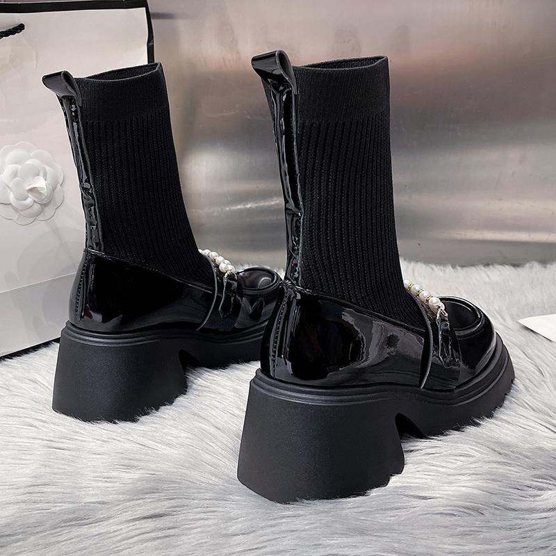 Aphixta Black 6.5cm High Heels Modern Boots Pearl Design Platform Ankle Boots Women Sock Boot Sweet Student Botas Mujer Botines