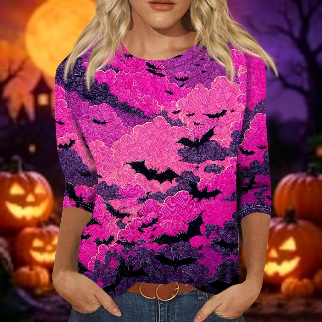 Women's Casual 3/4 Sleeve Crew Neck Top Halloween Themed Print Lightweight Pullover Blouse for Everyday Wear