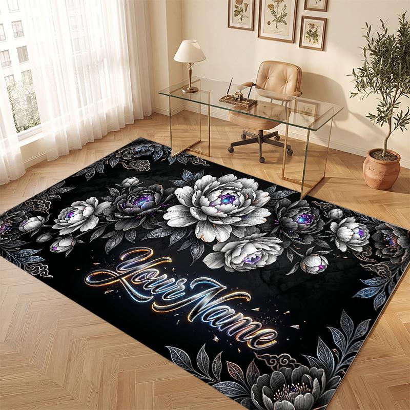 Floral Garden Theme Soft Crystal Velvet Rug Custom Name & Text Print Non Slip Floor Rug for Bedroom Living Room