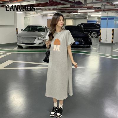 Abiti T-shirt a Maniche Corte da Donna Estivi Ampi al Ginocchio Casual Taglie Forti Abito con Spacco