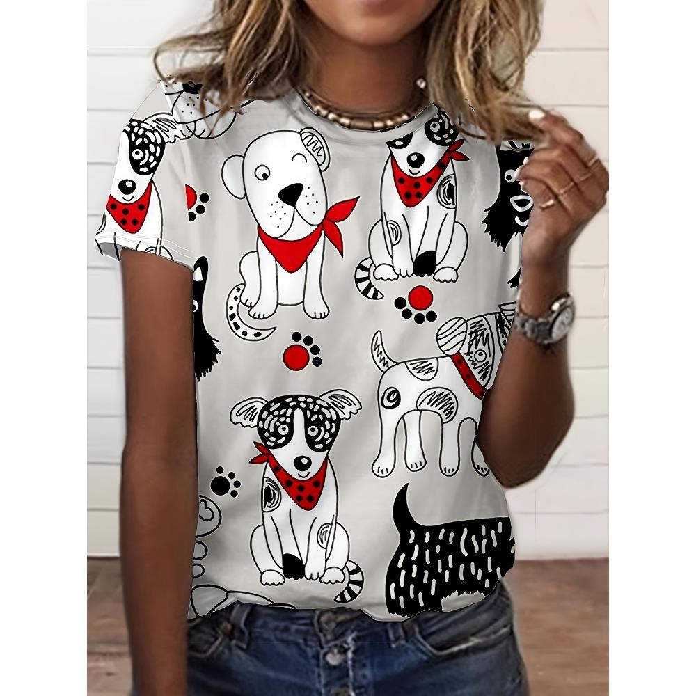 White Doodle Dog Women s Tee - Cute Puppy & Bandana Graphic, Playful Cartoon Print Design for Casual Daily Wear S