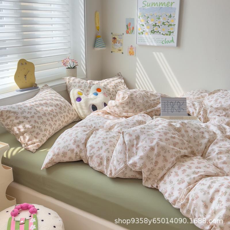 Class A Maternal and Infant Grade Knitted Cotton Double-layer Yarn 4pcs Set, Super Soft Washed Cotton Quilt Cover, Student Dormitory 3pcs Set