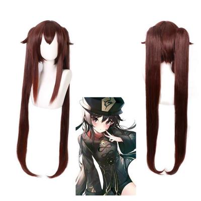 Peluca de Cosplay Hu Tao Marrón Cola de Caballo Larga de 110 cm del Juego Anime Genshin Impact Disfraz Cabello Sintético Resistente al Calor Pelucas para Mujer Hutao
