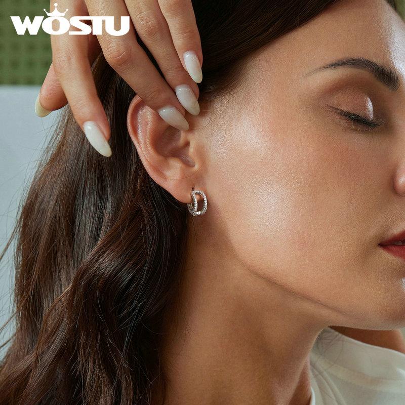 WOSTU 925 Sterling Silver AAA Zircon Wedding Earrings For Women Double-layered Stud Earrings Hoop Ear Buckles Party Jewelry Gift