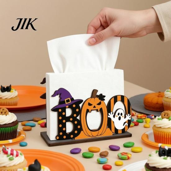 Desktop Holiday Decoration Halloween Wooden BOO Napkin Holder, Cartoon Ghost Pumpkin Witch Hat Paper Towel Ornament Wood Table Centerpiece for